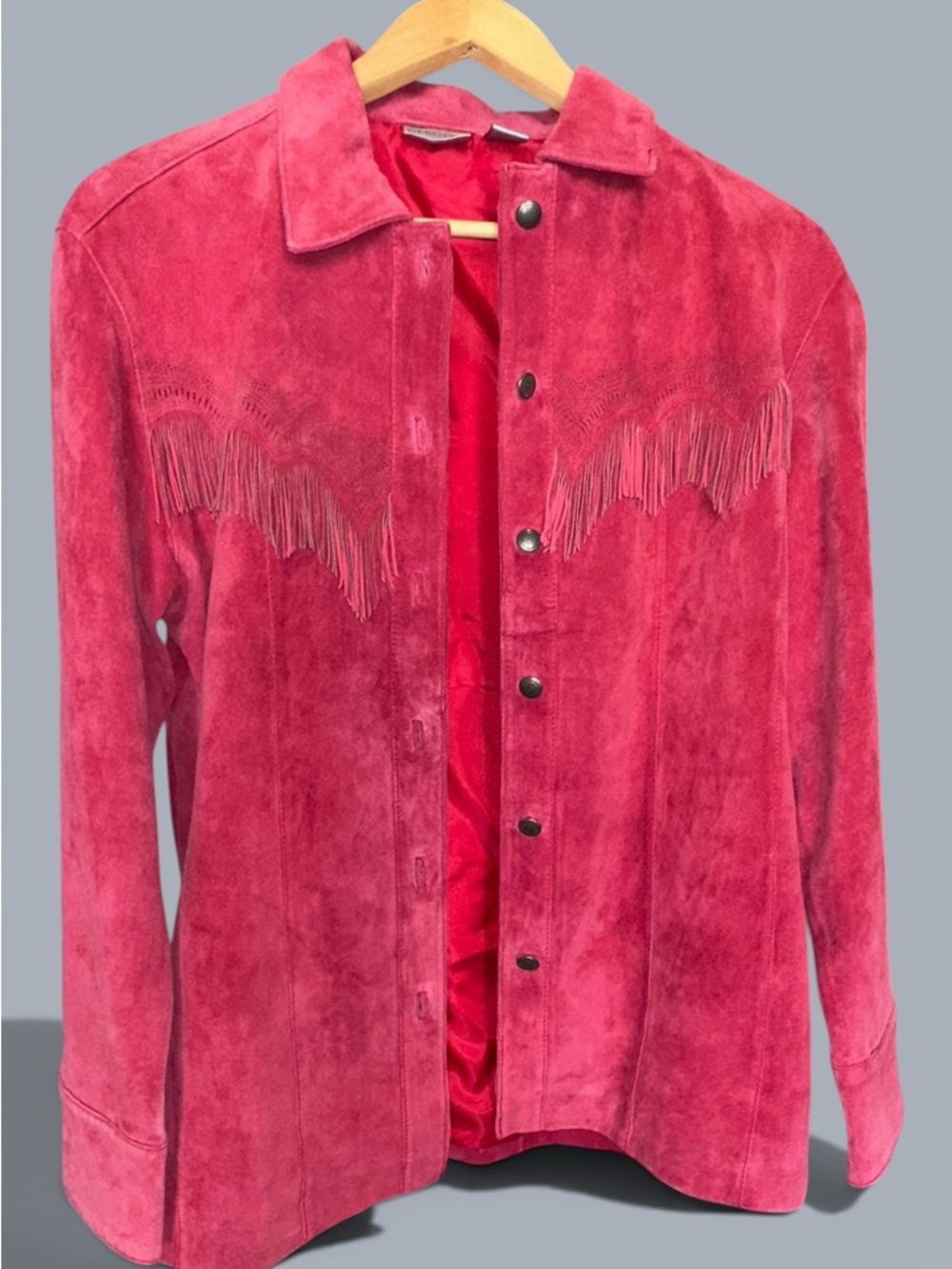 Chico's Red Leather Fringe Snap Front Western Jacket Lined Collared Women's 1